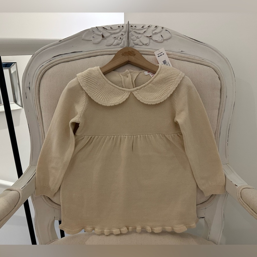 🦢 18~24 Mth Beige Knit Baby Girl Dress With Peter Pan Collar NWT